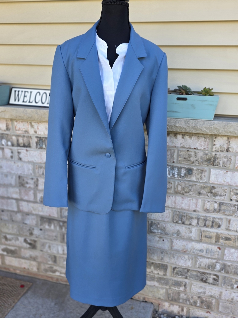Vintage 90s Donnkenny Blue Career Skirt Suit Set Size 14